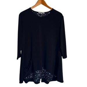 Sympli Top Women 14 Black Satin Split Back Lagenlook Tunic Pocket Abstract‎